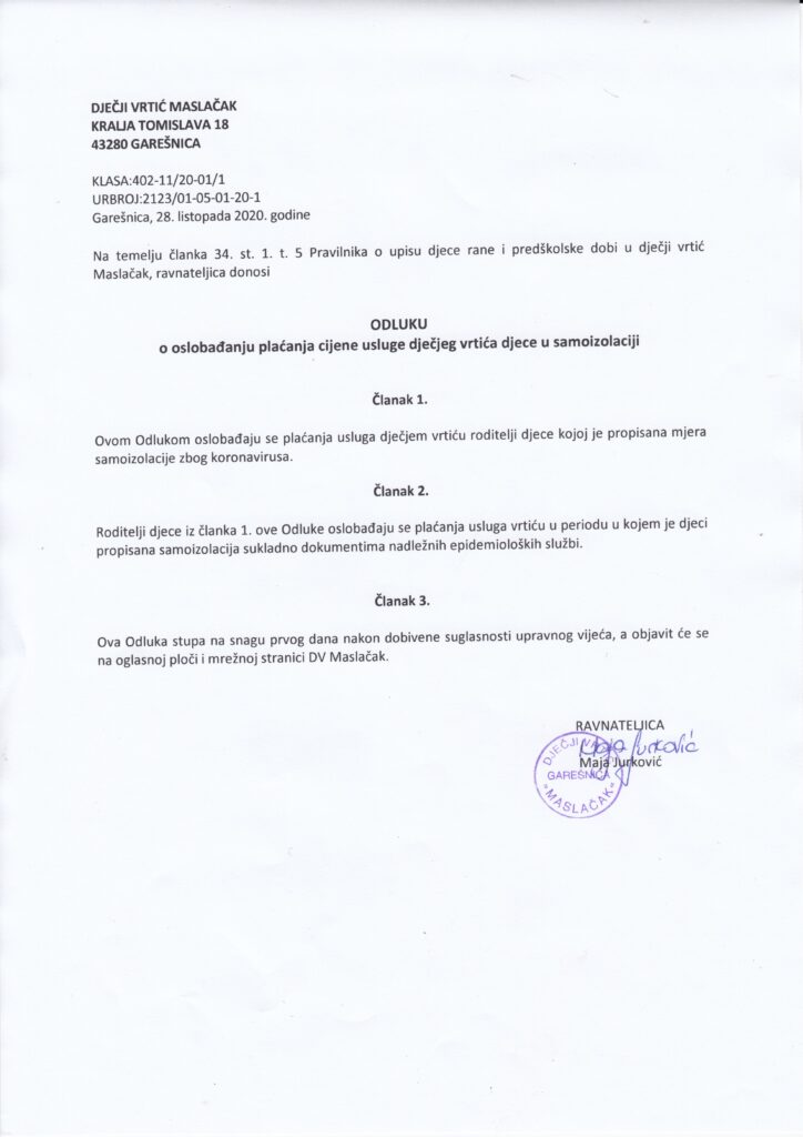 Odluka o oslobađanju plaćanja vrtića za djecu kojoj je propisana samoizolacija